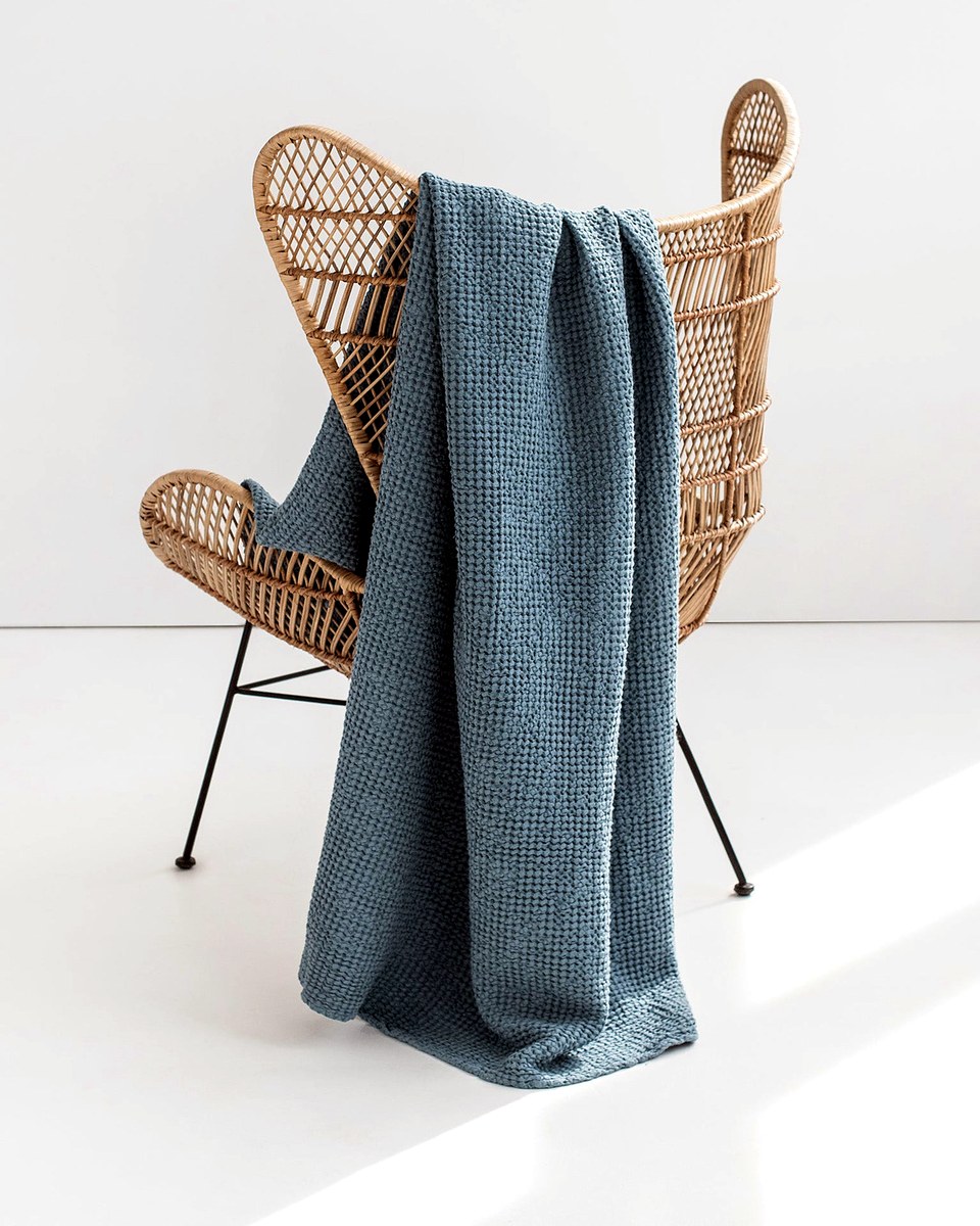MagicLinen Gray Blue Waffle Throw Blanket